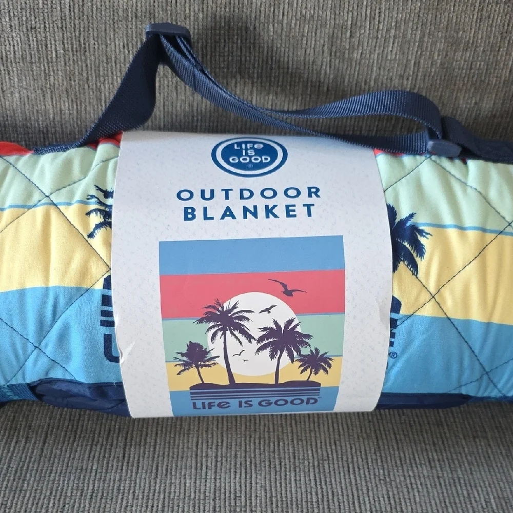 Life Is Good Blue Outdoor Blanket With Palm Trees And‎ Stripes, NWT, 50